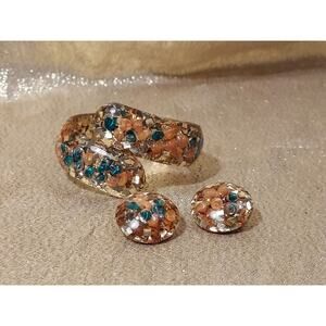 Vintage Lucite Clamp Bangle Bracelet, Clip On Earrings Gold Confetti, Sea Shell